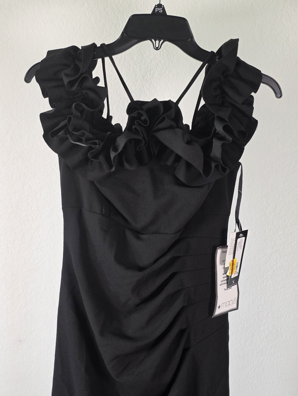 Xscape NWT Black Ruffle Strappy Ruched Cocktail Dress Size 8 $219 - Picture 4 of 11